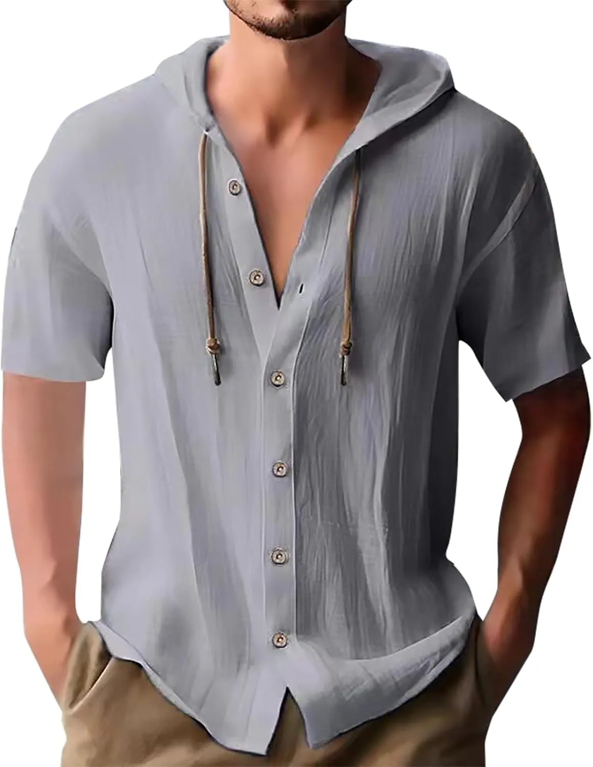 Mens Long Sleeve Linen Shirts Hooded V Neck Button Up Hoodies Casual Vacation Hawaiian Beach Yoga Hippie Shirts