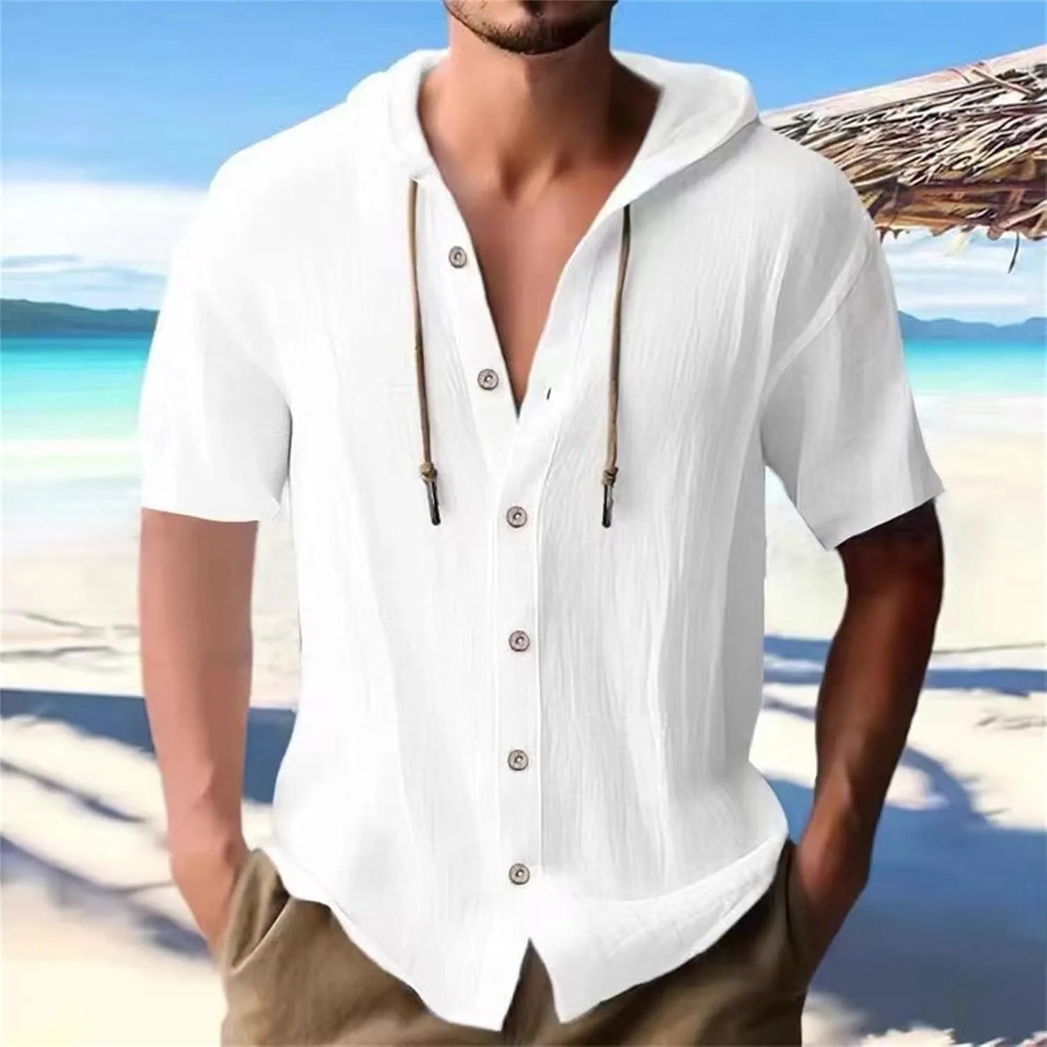 Mens Long Sleeve Linen Shirts Hooded V Neck Button Up Hoodies Casual Vacation Hawaiian Beach Yoga Hippie Shirts
