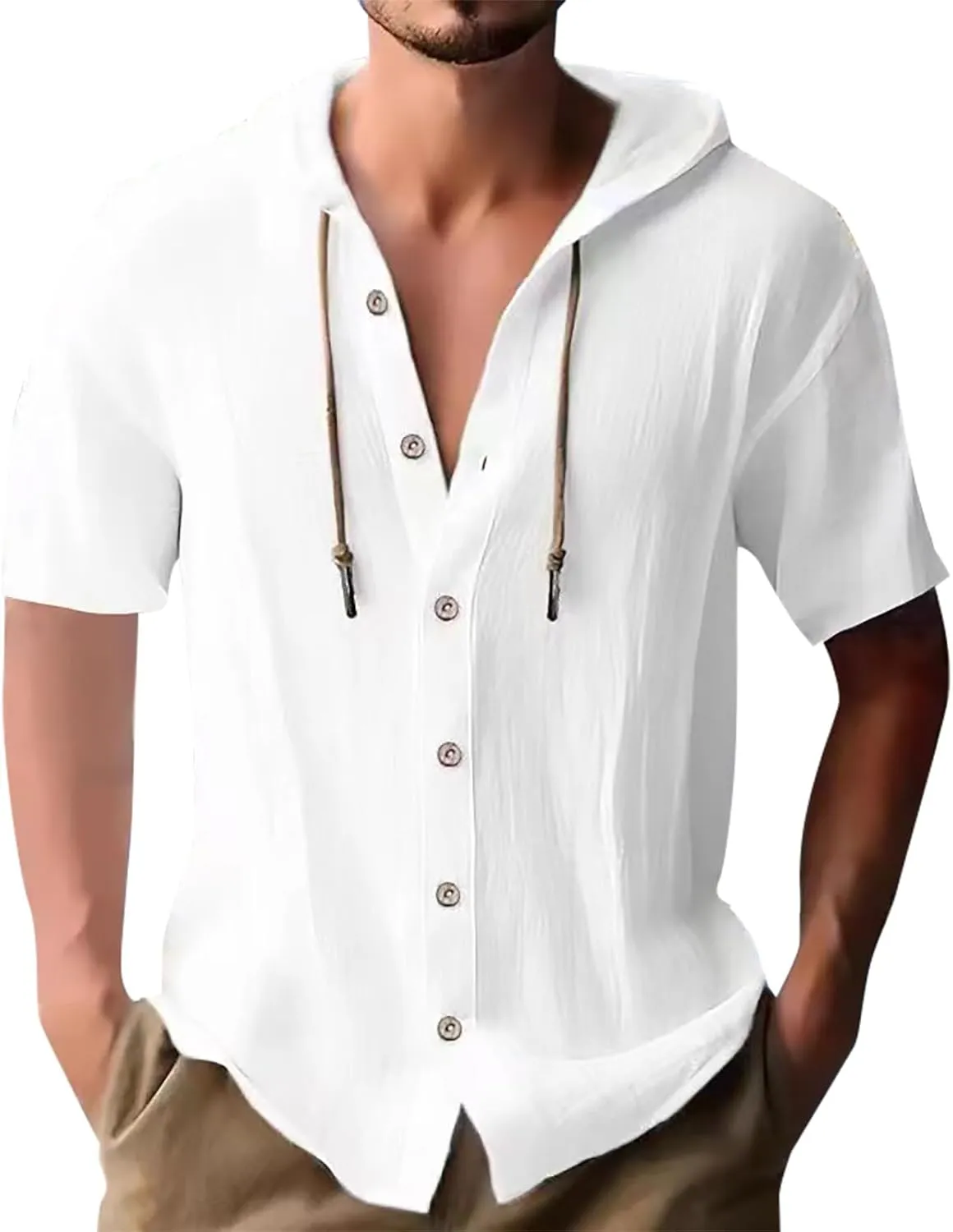 Mens Long Sleeve Linen Shirts Hooded V Neck Button Up Hoodies Casual Vacation Hawaiian Beach Yoga Hippie Shirts