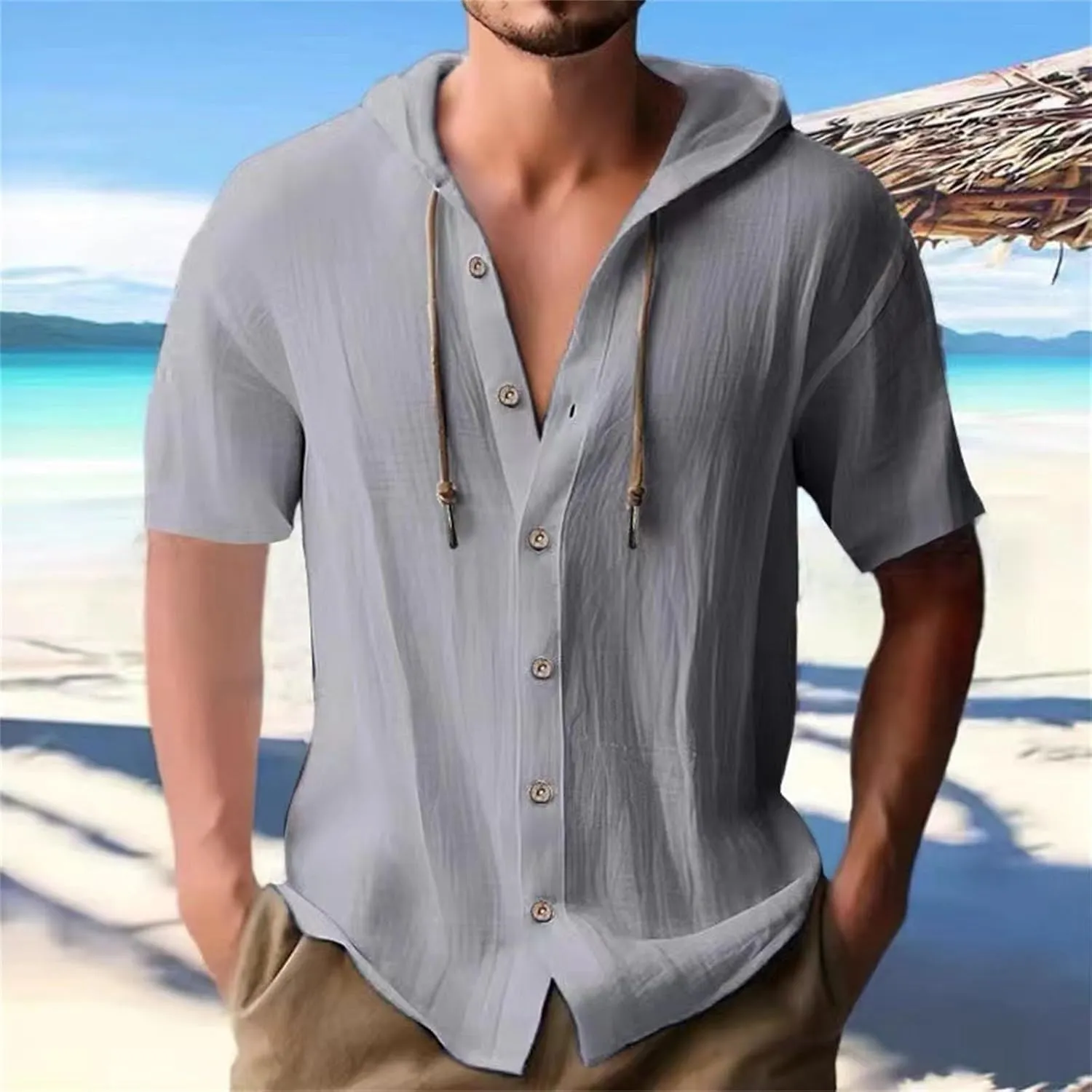 Mens Long Sleeve Linen Shirts Hooded V Neck Button Up Hoodies Casual Vacation Hawaiian Beach Yoga Hippie Shirts