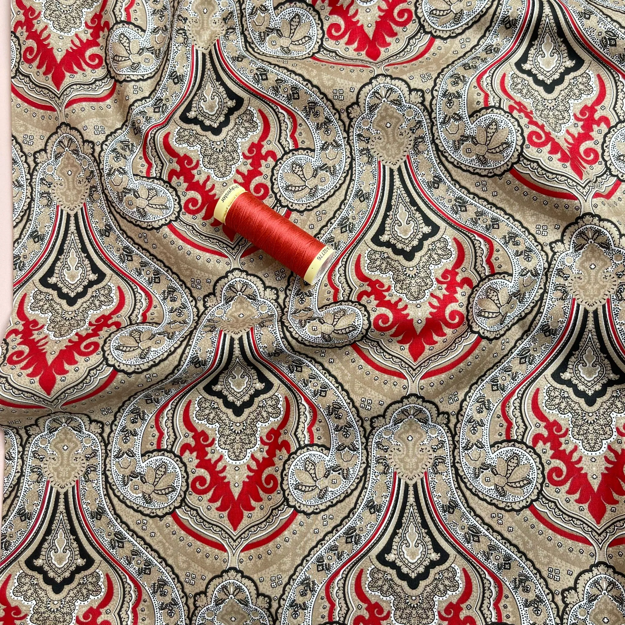 Ornate Damask on Red Cotton Lawn Fabric