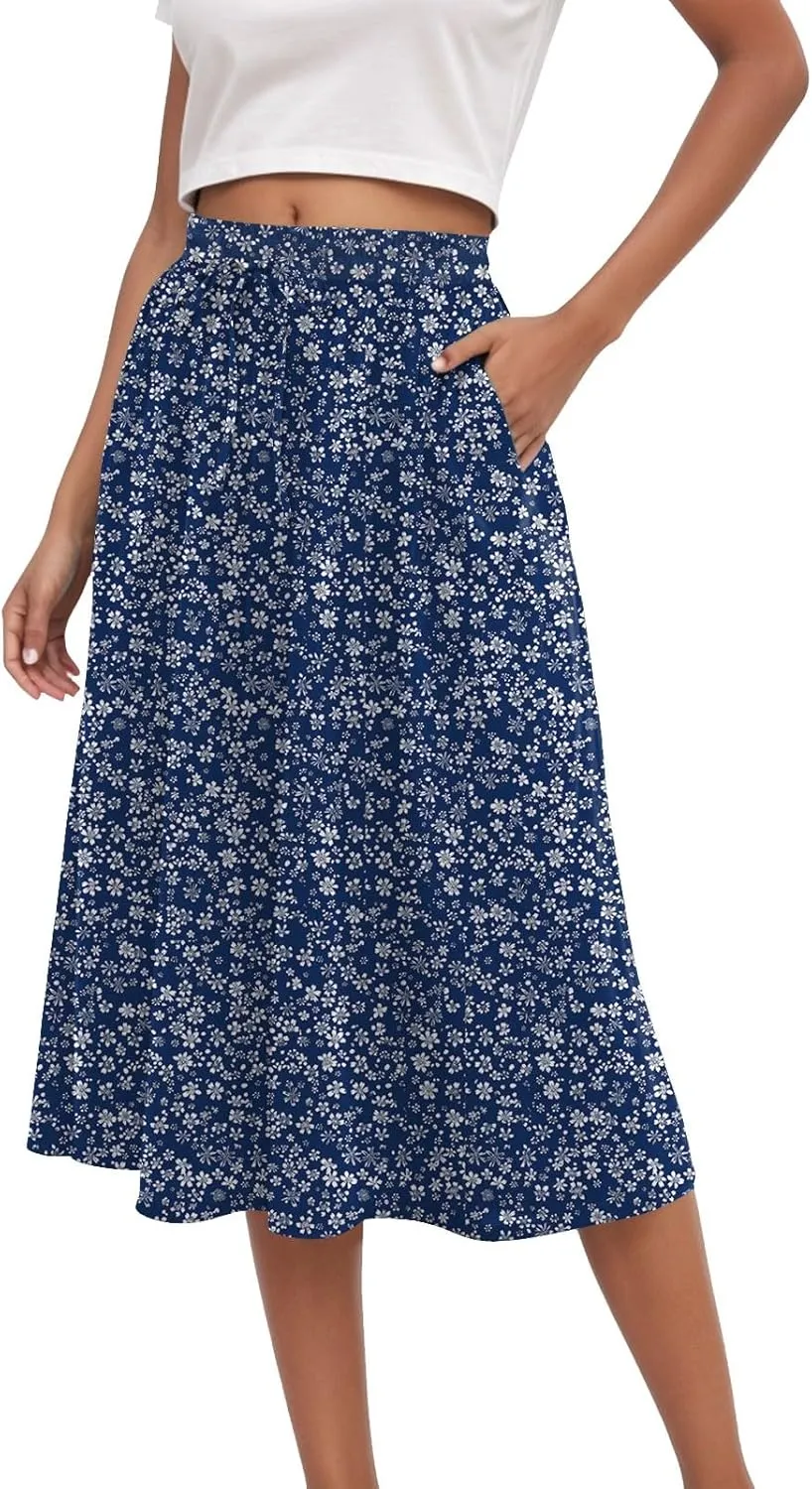 Rvidbe Midi Skirt for Women Drawstring Floral Printed High Waisted Below Knee Pleated Flowy Beach A-Line Skirts with Pockets