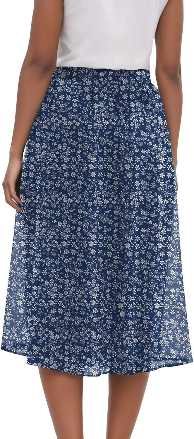 Rvidbe Midi Skirt for Women Drawstring Floral Printed High Waisted Below Knee Pleated Flowy Beach A-Line Skirts with Pockets