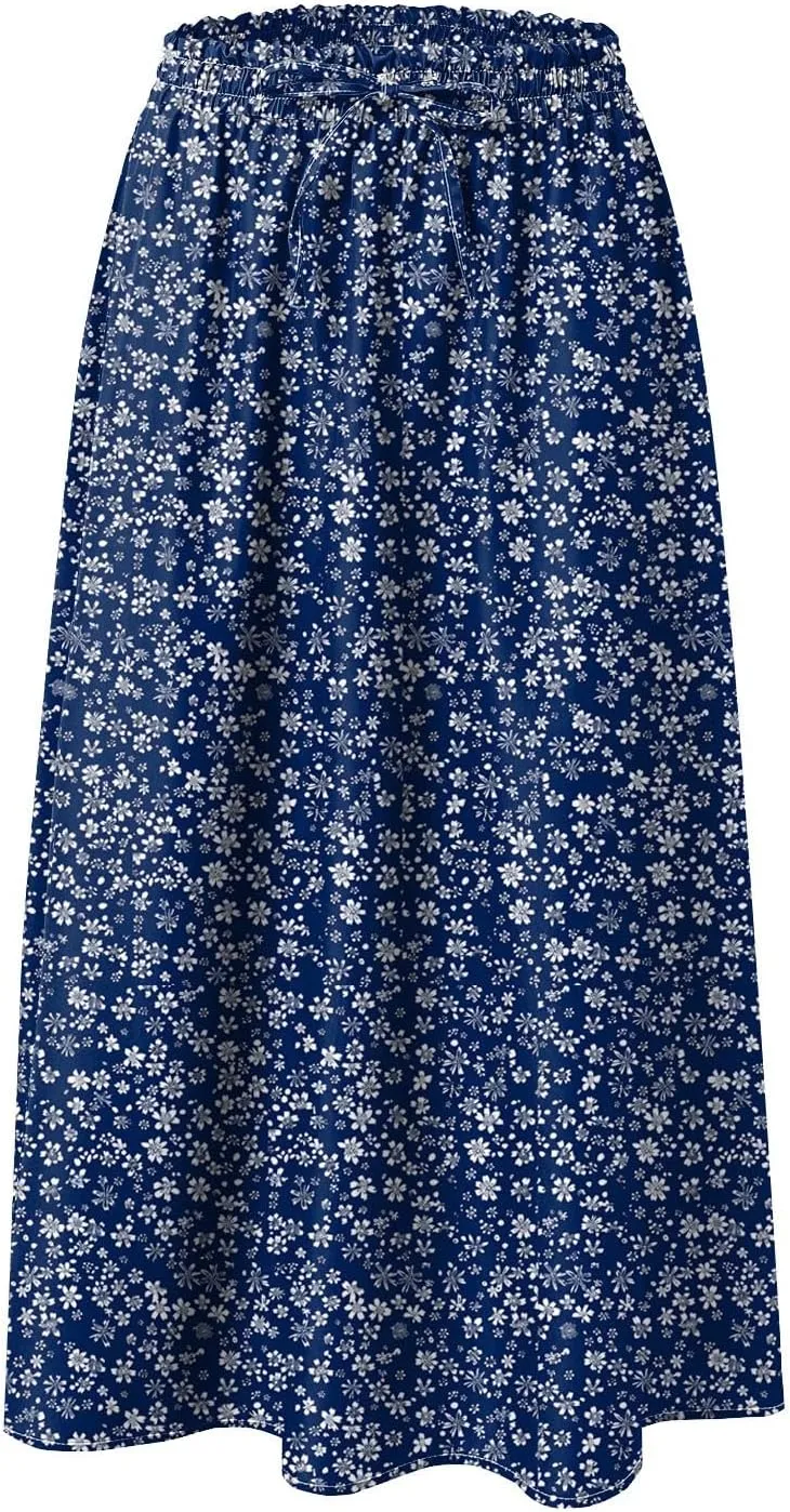 Rvidbe Midi Skirt for Women Drawstring Floral Printed High Waisted Below Knee Pleated Flowy Beach A-Line Skirts with Pockets