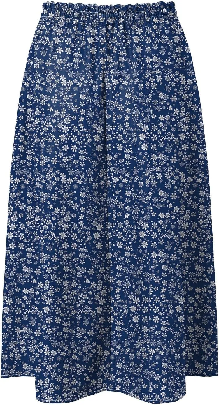 Rvidbe Midi Skirt for Women Drawstring Floral Printed High Waisted Below Knee Pleated Flowy Beach A-Line Skirts with Pockets