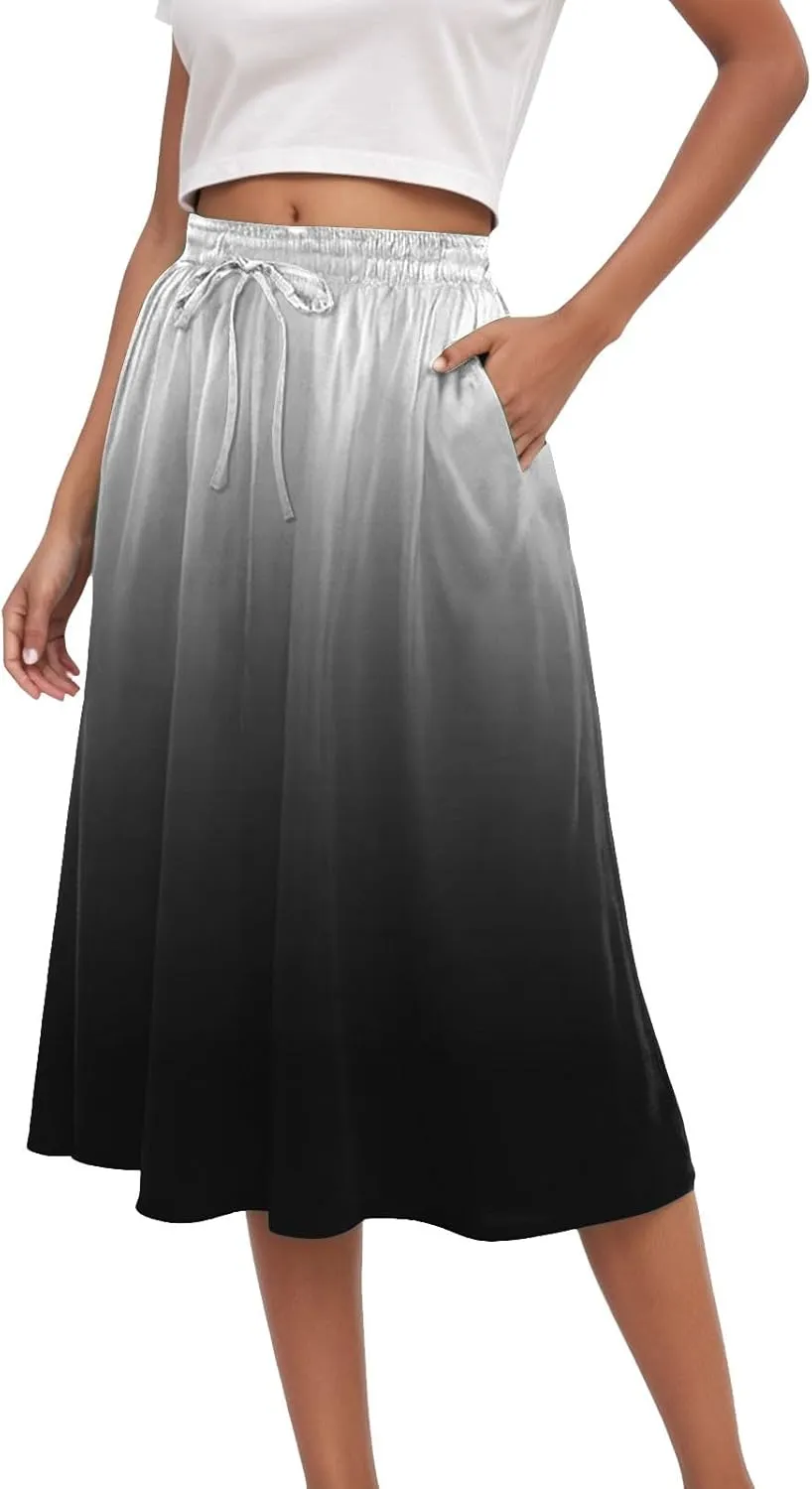 Rvidbe Skirts for Women Midi Length Pleated High Waisted Casual Below Knee Skirts with Pockets Gradient Print A-Line Skirts