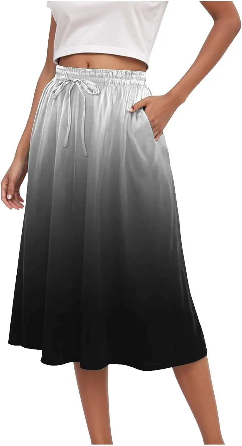 Rvidbe Skirts for Women Midi Length Pleated High Waisted Casual Below Knee Skirts with Pockets Gradient Print A-Line Skirts