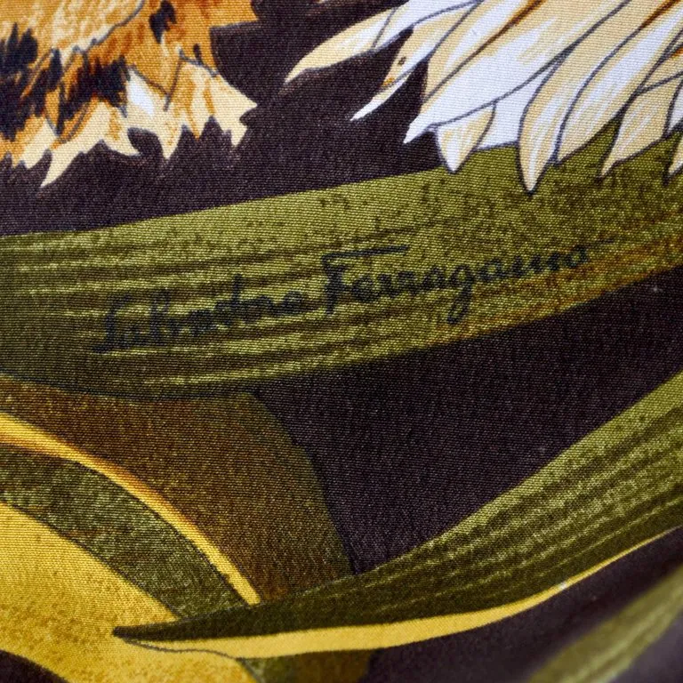 Salvatore Ferragamo Vintage Silk Scarf Print Cardigan Sweater W Animals & Leaves