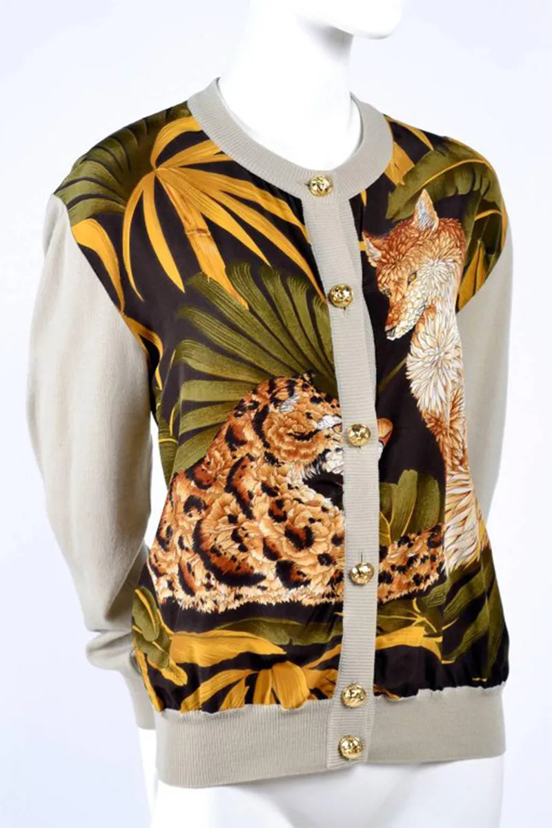 Salvatore Ferragamo Vintage Silk Scarf Print Cardigan Sweater W Animals & Leaves