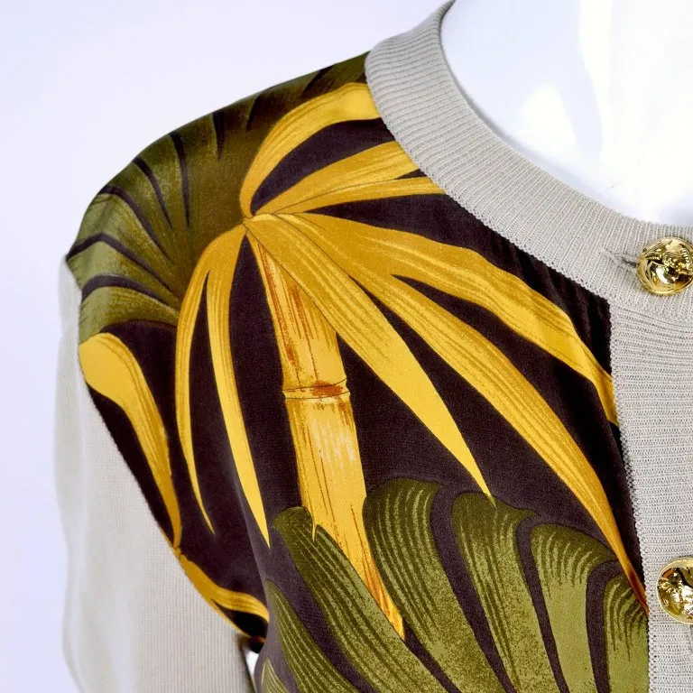Salvatore Ferragamo Vintage Silk Scarf Print Cardigan Sweater W Animals & Leaves