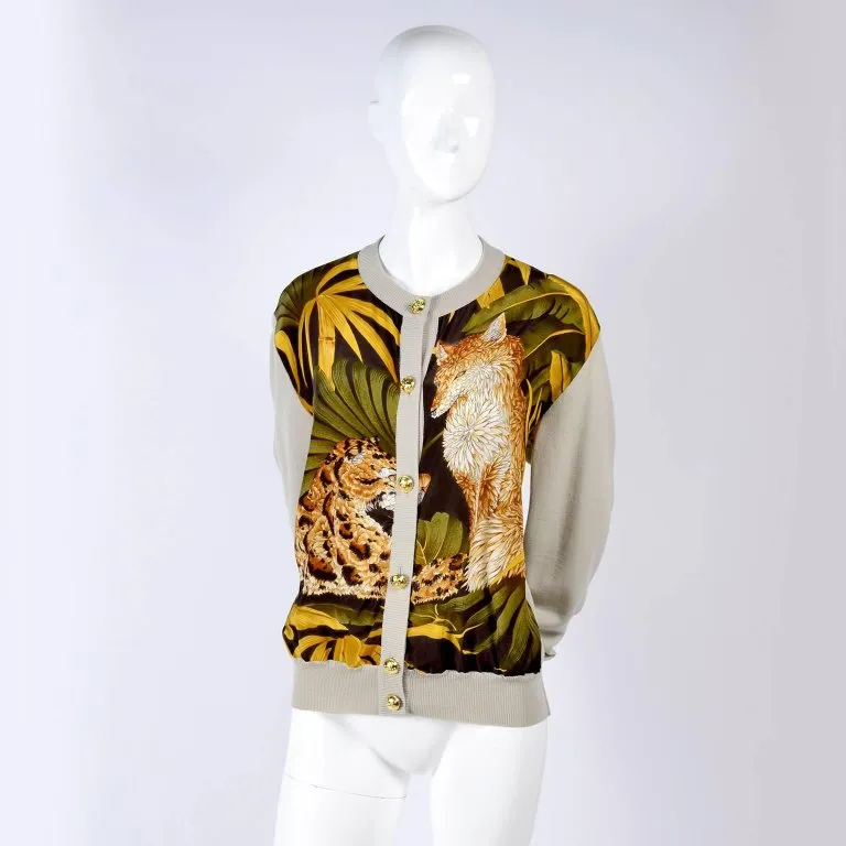 Salvatore Ferragamo Vintage Silk Scarf Print Cardigan Sweater W Animals & Leaves