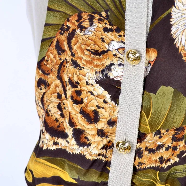 Salvatore Ferragamo Vintage Silk Scarf Print Cardigan Sweater W Animals & Leaves