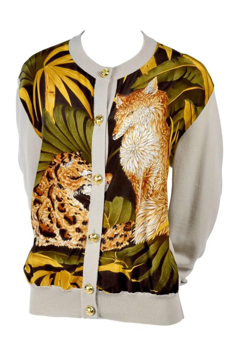 Salvatore Ferragamo Vintage Silk Scarf Print Cardigan Sweater W Animals & Leaves