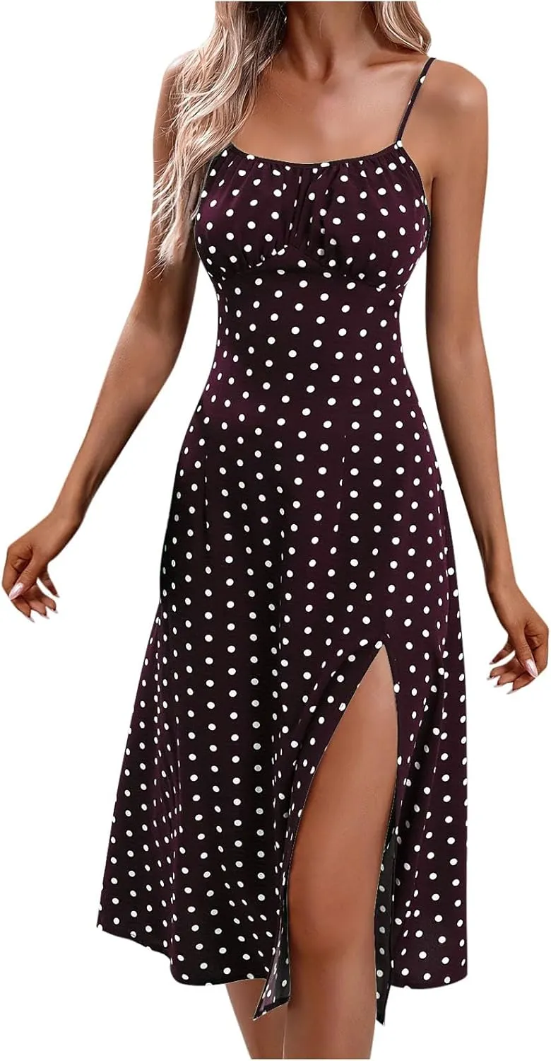 Sexy Dresses for Women Spaghetti Strap Empire Waist Side Split Summer Dresses Flowy Beach Wedding Vacation Sundress