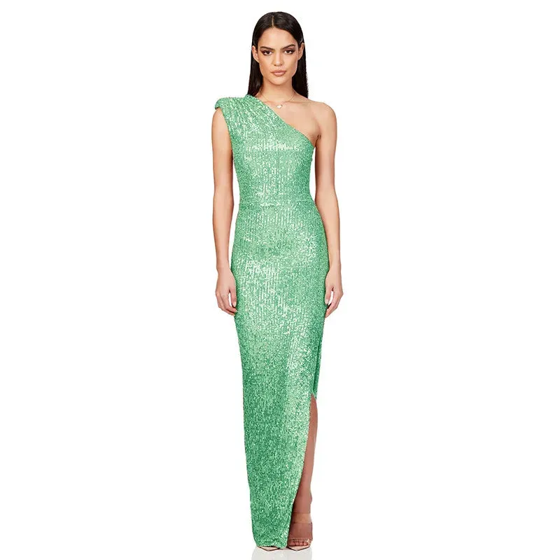Sexy Sequined Criss-Cross Dresses Women One Shoulder Sleeveless