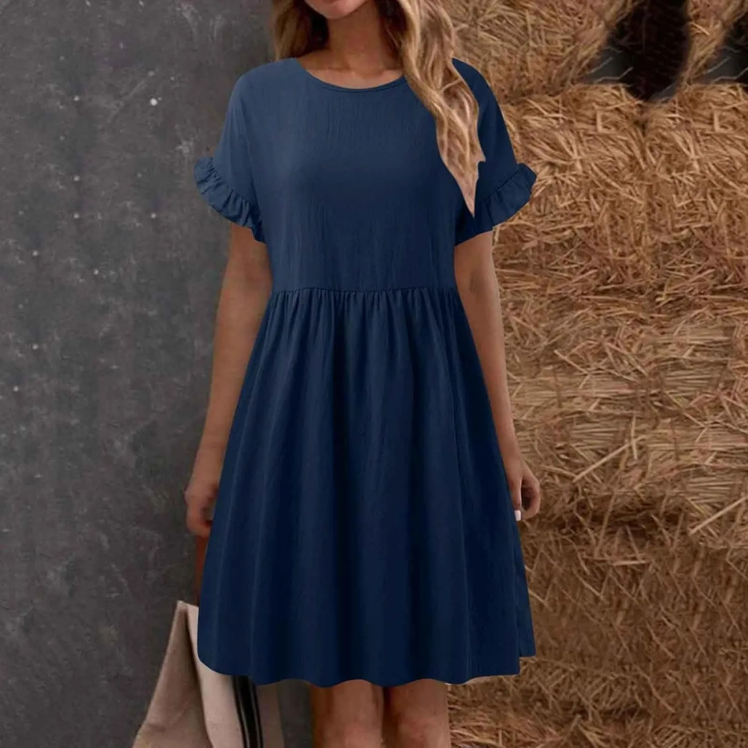 Summer Dresses for Women 2025 Ruffle Short Sleeve Round Neck Dresses Cotton Linen A-Line T-Shirt Loose Elegant Dress