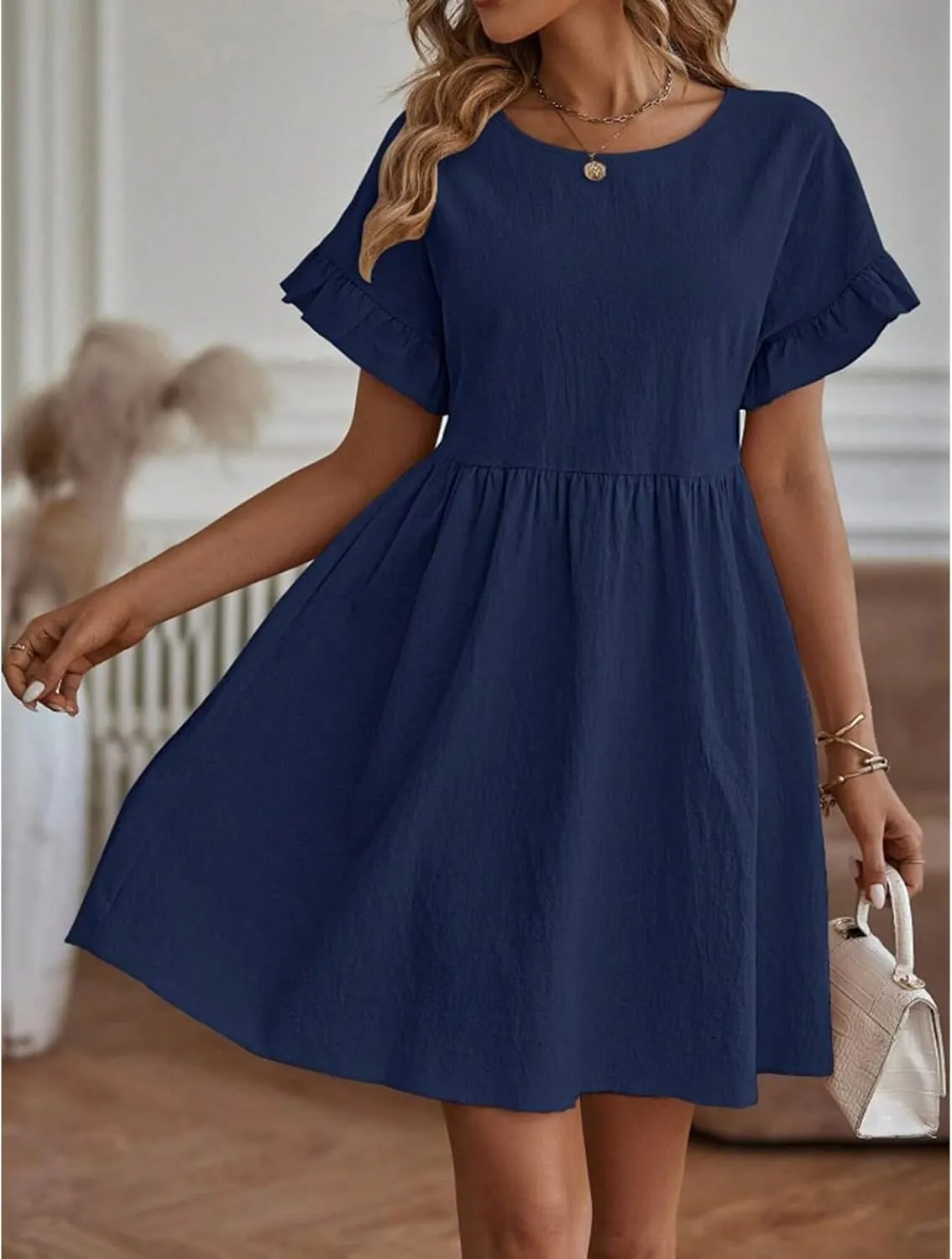 Summer Dresses for Women 2025 Ruffle Short Sleeve Round Neck Dresses Cotton Linen A-Line T-Shirt Loose Elegant Dress
