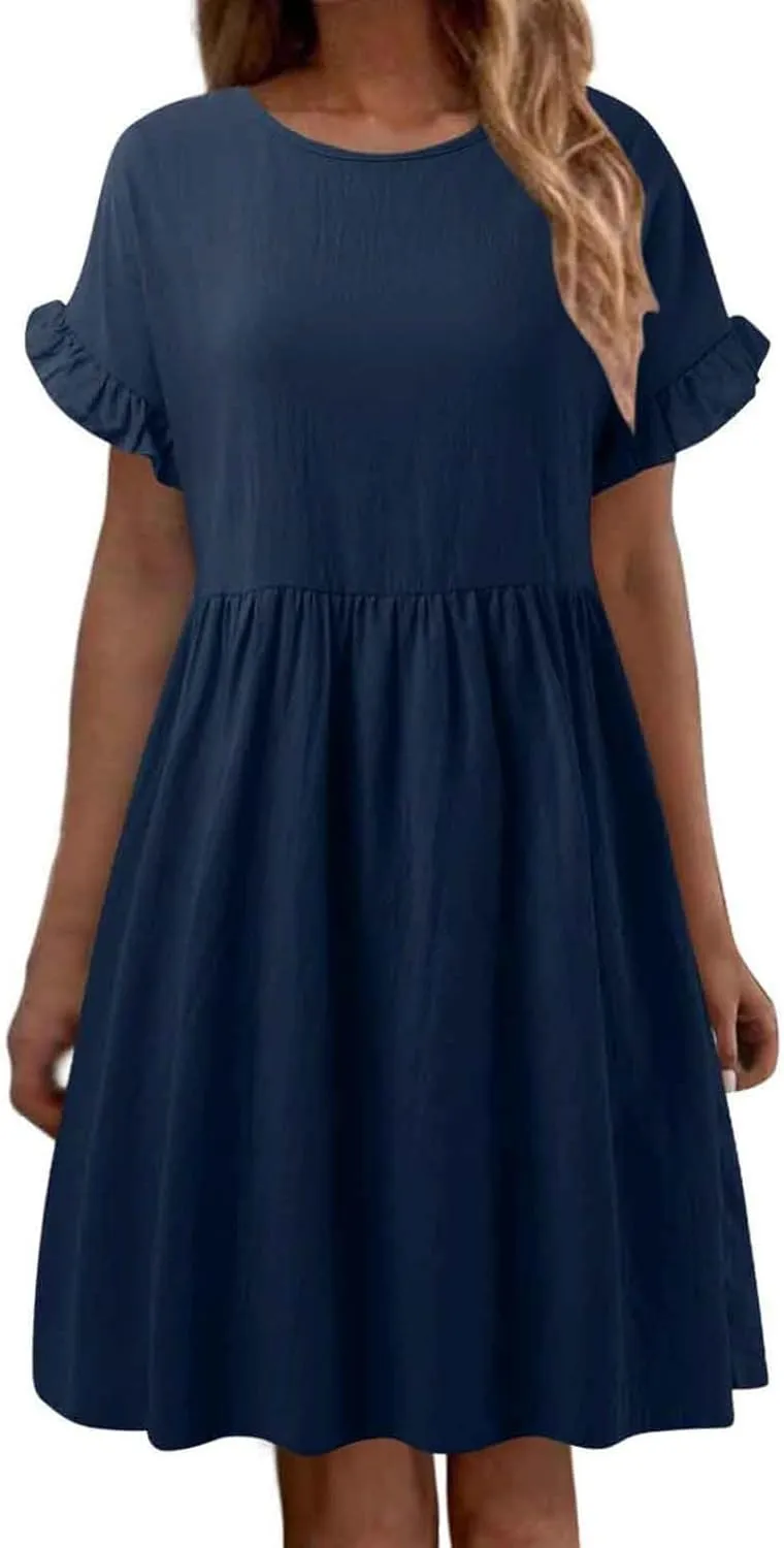 Summer Dresses for Women 2025 Ruffle Short Sleeve Round Neck Dresses Cotton Linen A-Line T-Shirt Loose Elegant Dress