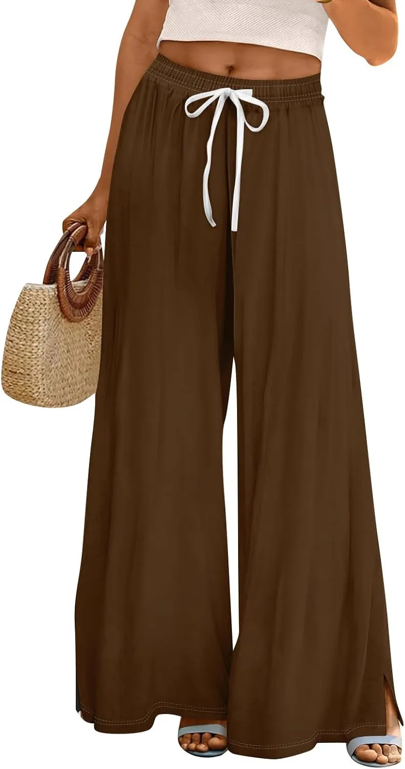 Summer Wide Leg Pants for Women High Waistd Flowy Pants Side Split Drawstring Elastic Waist Solid with Pockets Outfits