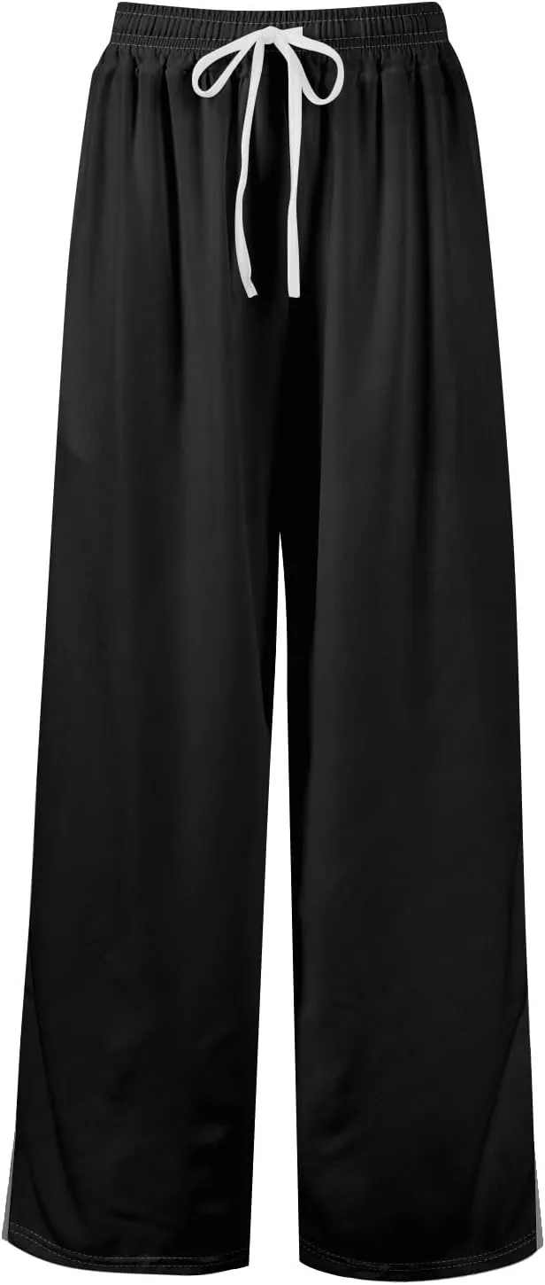 Summer Wide Leg Pants for Women High Waistd Flowy Pants Side Split Drawstring Elastic Waist Solid with Pockets Outfits