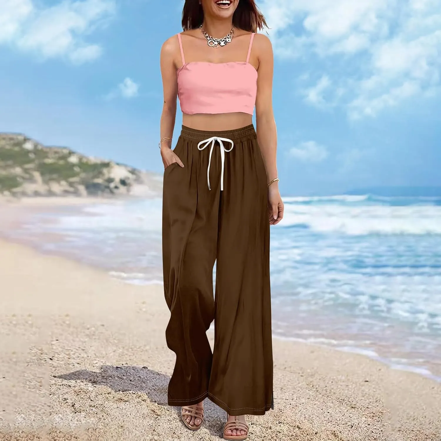 Summer Wide Leg Pants for Women High Waistd Flowy Pants Side Split Drawstring Elastic Waist Solid with Pockets Outfits