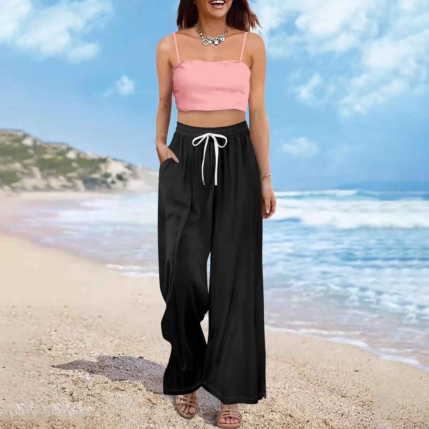Summer Wide Leg Pants for Women High Waistd Flowy Pants Side Split Drawstring Elastic Waist Solid with Pockets Outfits