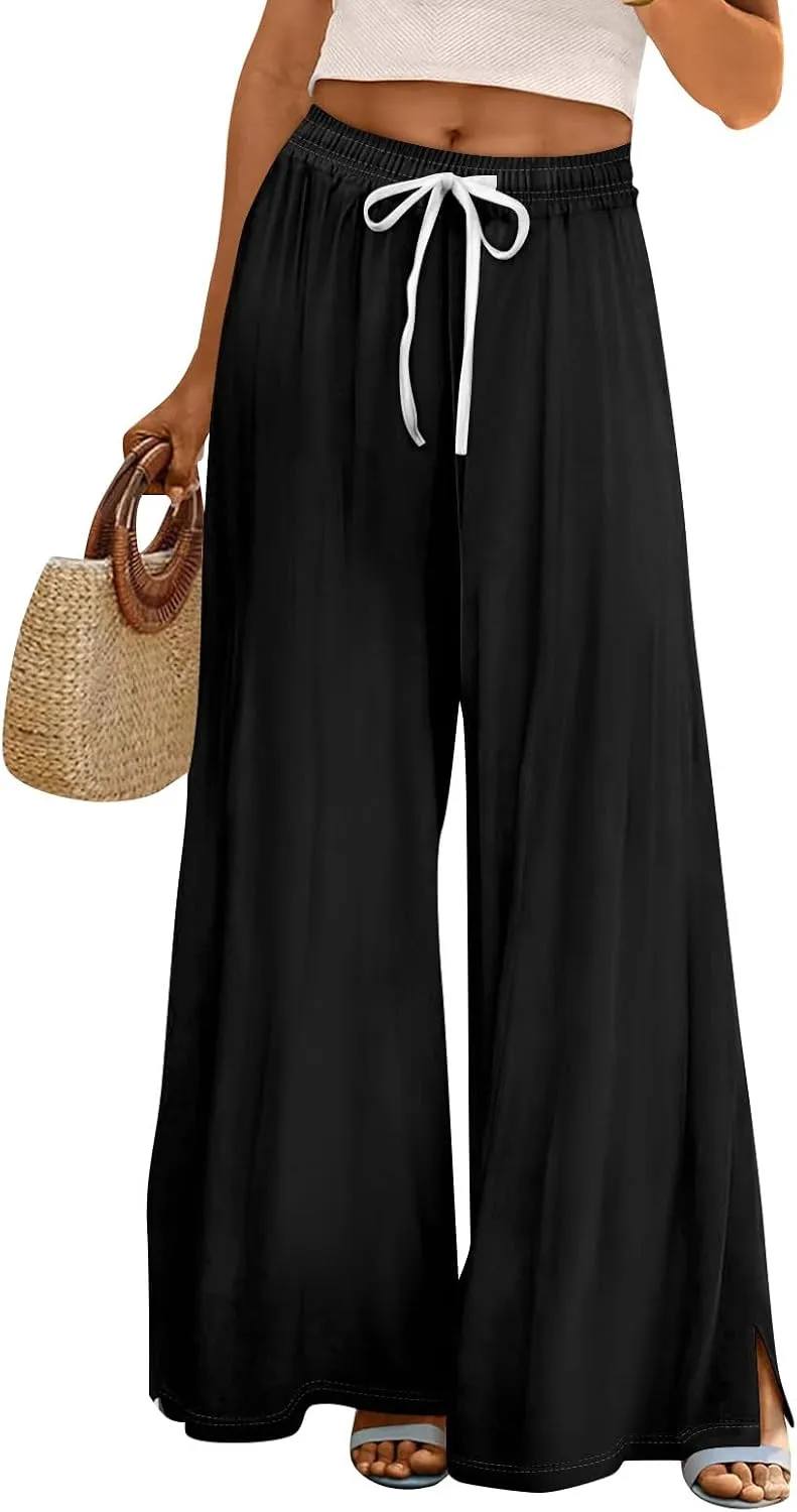 Summer Wide Leg Pants for Women High Waistd Flowy Pants Side Split Drawstring Elastic Waist Solid with Pockets Outfits