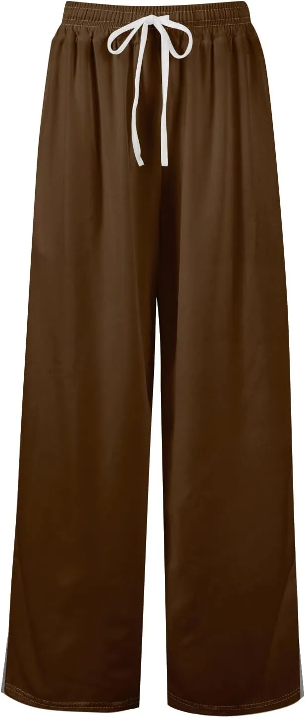 Summer Wide Leg Pants for Women High Waistd Flowy Pants Side Split Drawstring Elastic Waist Solid with Pockets Outfits