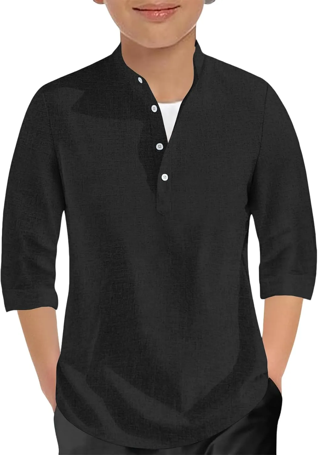 Sunborui Boys 3/4 Sleeve Linen Henley Shirts Summer Button Up Dress Shirts Casual Lightweight Tees Tops