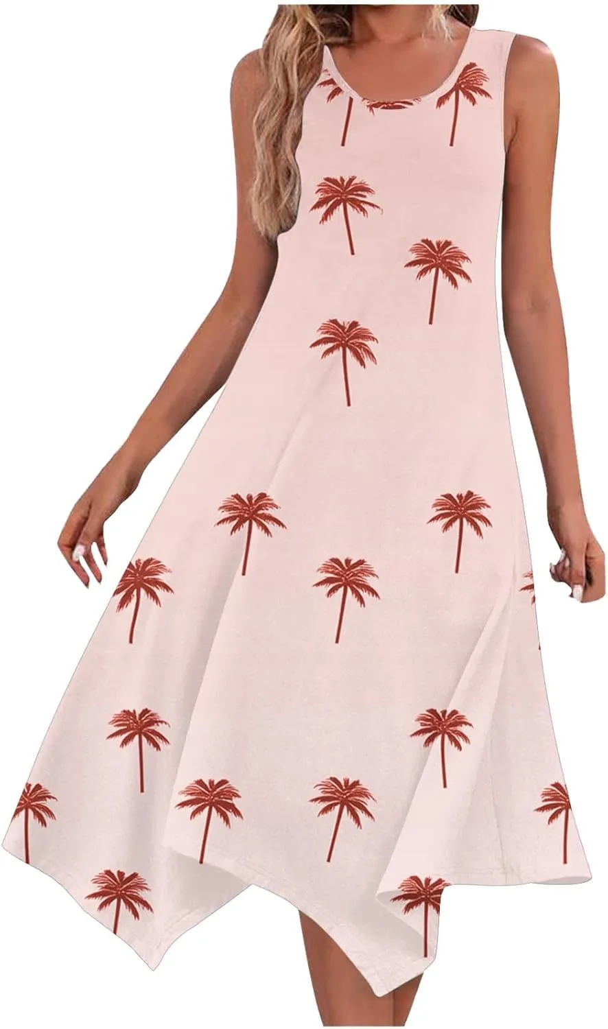 Sundresses for Women Summer Hawaii Tropical Coconut Tree Print Scoop Neck Sleeveless Boho Tank Dress Beach Dresses