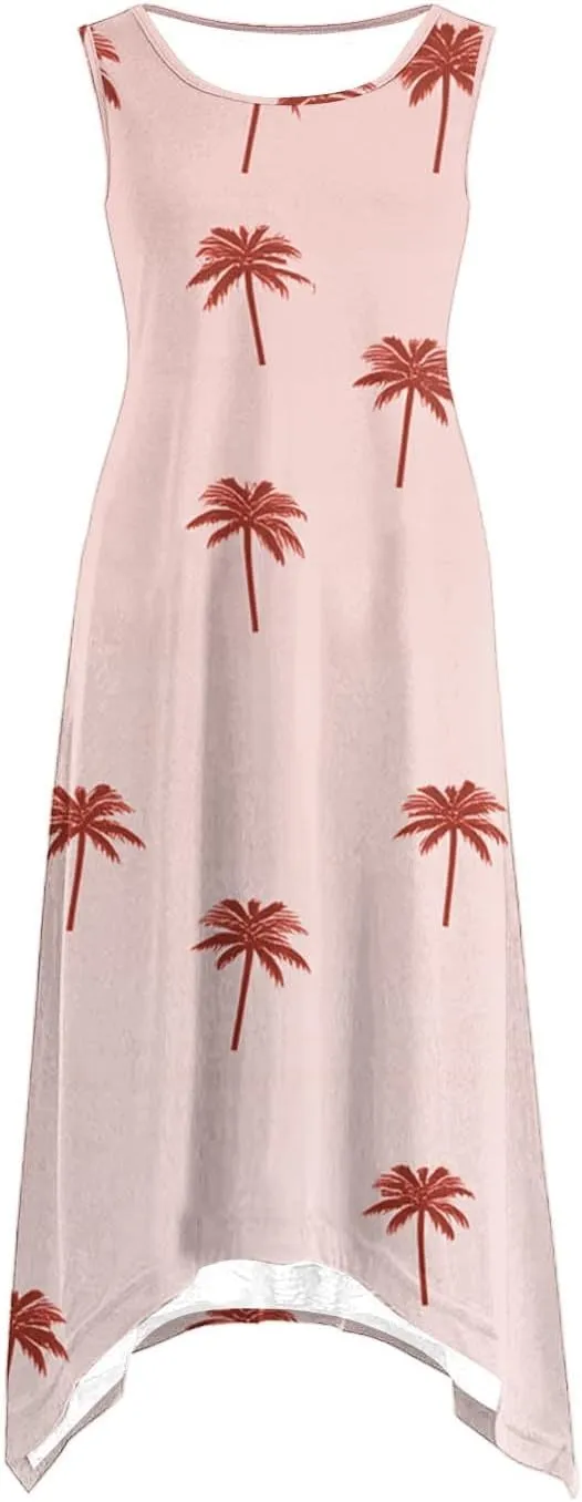 Sundresses for Women Summer Hawaii Tropical Coconut Tree Print Scoop Neck Sleeveless Boho Tank Dress Beach Dresses