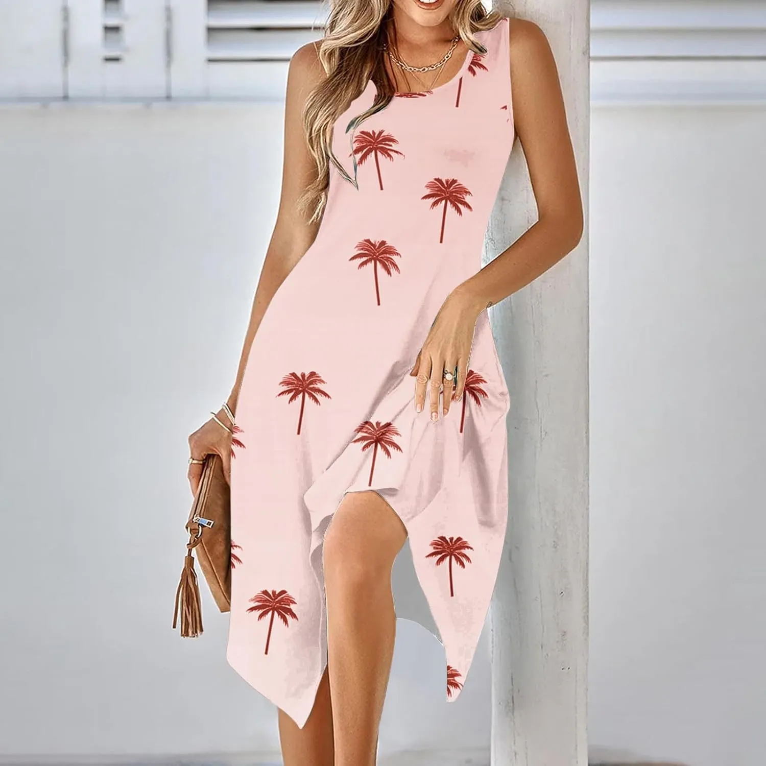 Sundresses for Women Summer Hawaii Tropical Coconut Tree Print Scoop Neck Sleeveless Boho Tank Dress Beach Dresses