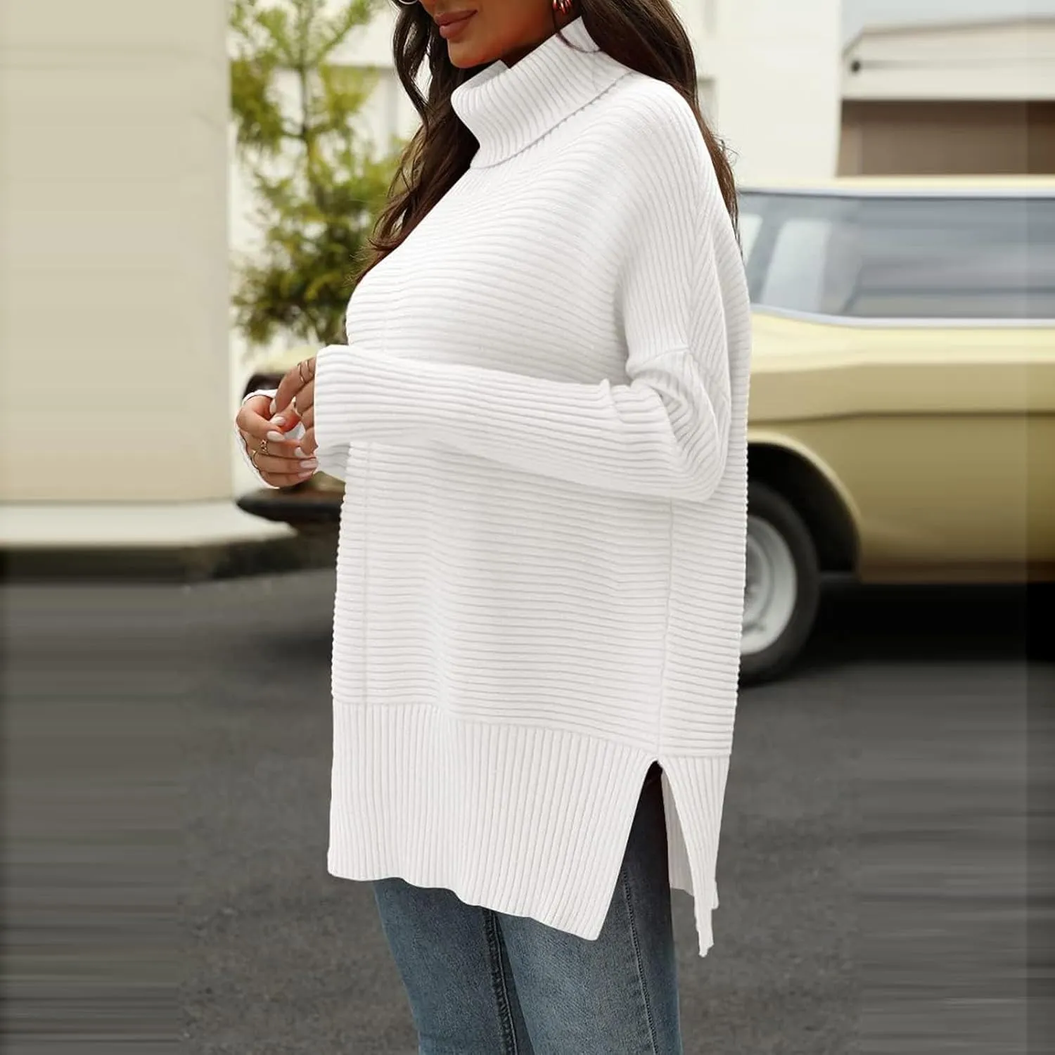 Sweaters for Women Casual Solid Ribbed Sweater Long Sleeve Turtleneck Pullover Fall Oversized Side Split Hem Shirts