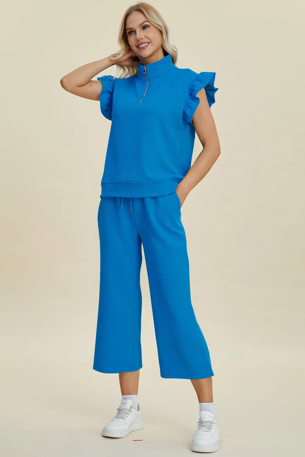 TEEK - Ruffle Short Sleeve Top Wide Leg Pants Set