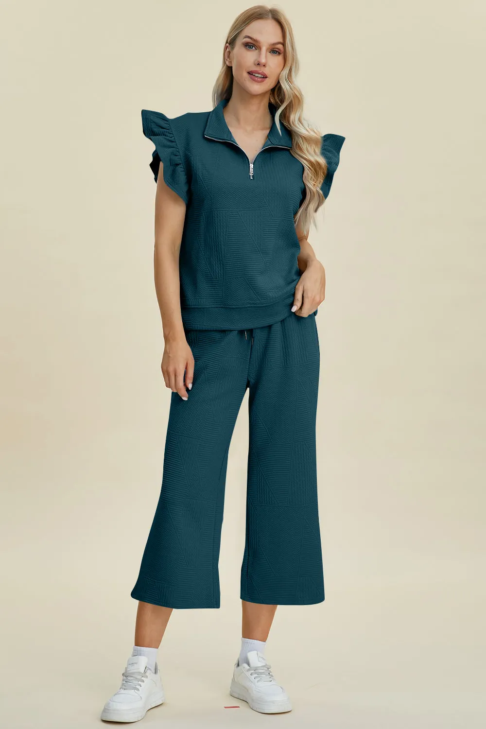 TEEK - Ruffle Short Sleeve Top Wide Leg Pants Set