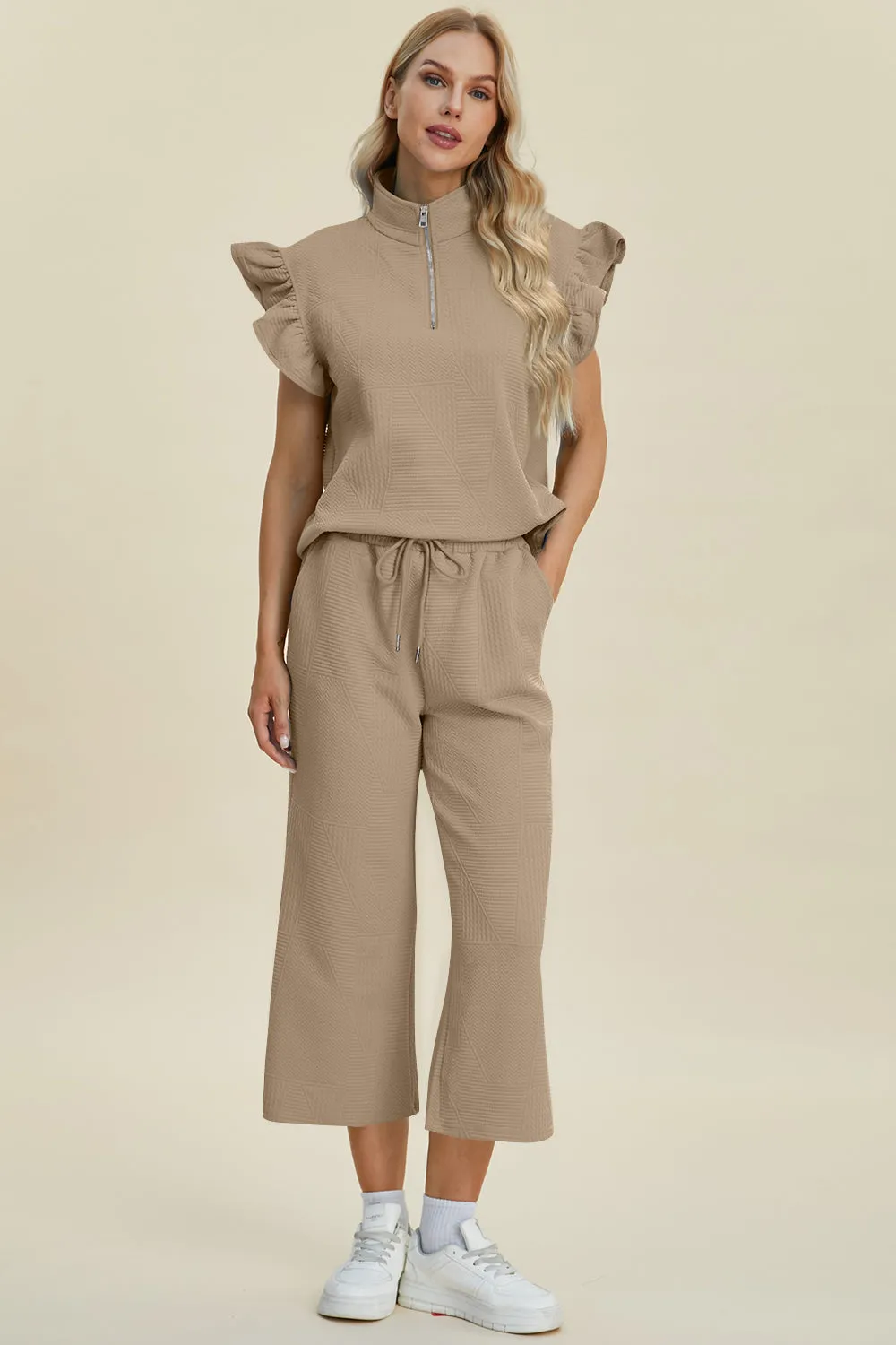 TEEK - Ruffle Short Sleeve Top Wide Leg Pants Set