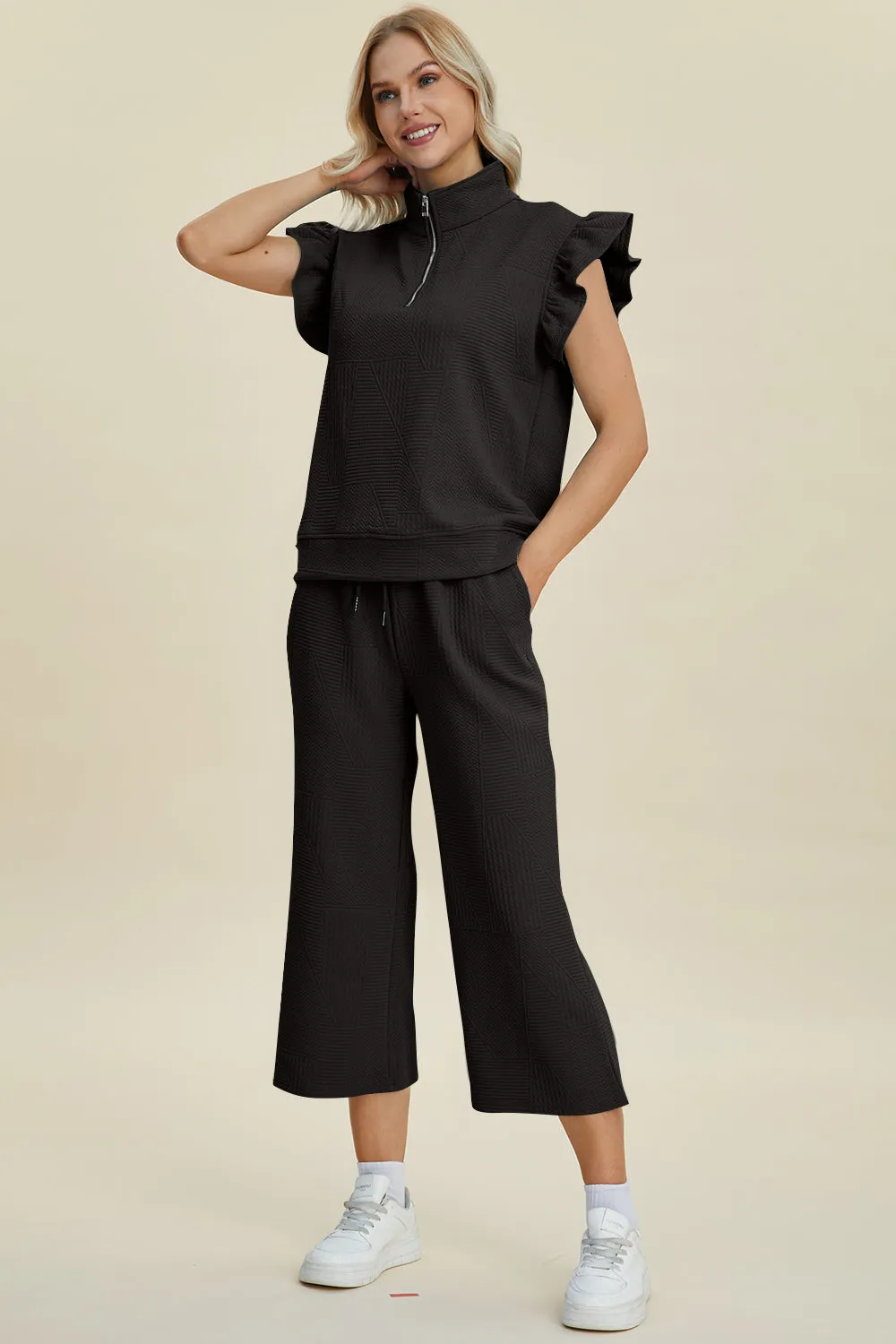 TEEK - Ruffle Short Sleeve Top Wide Leg Pants Set