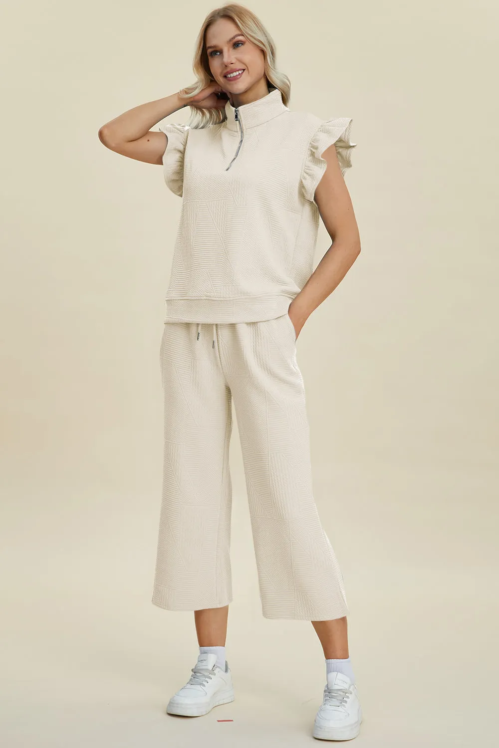TEEK - Ruffle Short Sleeve Top Wide Leg Pants Set