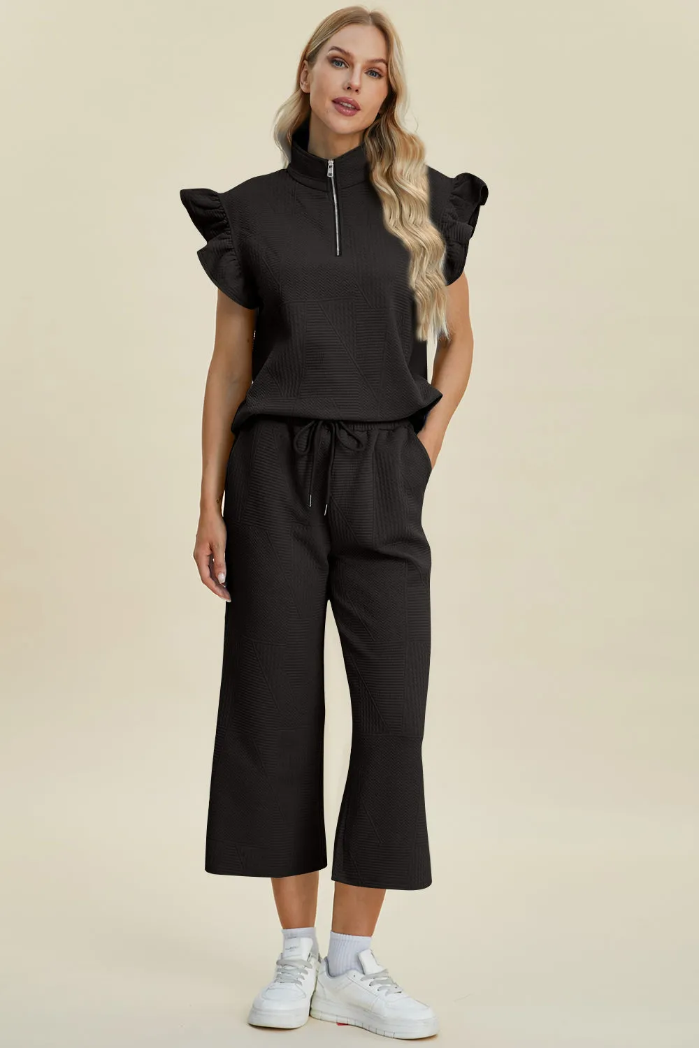 TEEK - Ruffle Short Sleeve Top Wide Leg Pants Set