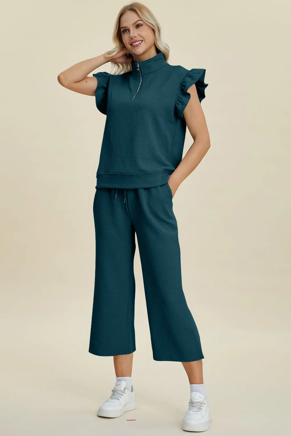 TEEK - Ruffle Short Sleeve Top Wide Leg Pants Set