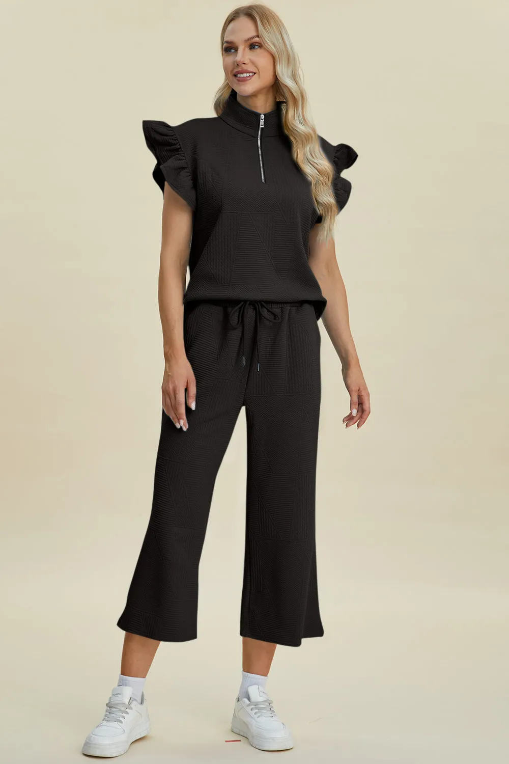 TEEK - Ruffle Short Sleeve Top Wide Leg Pants Set