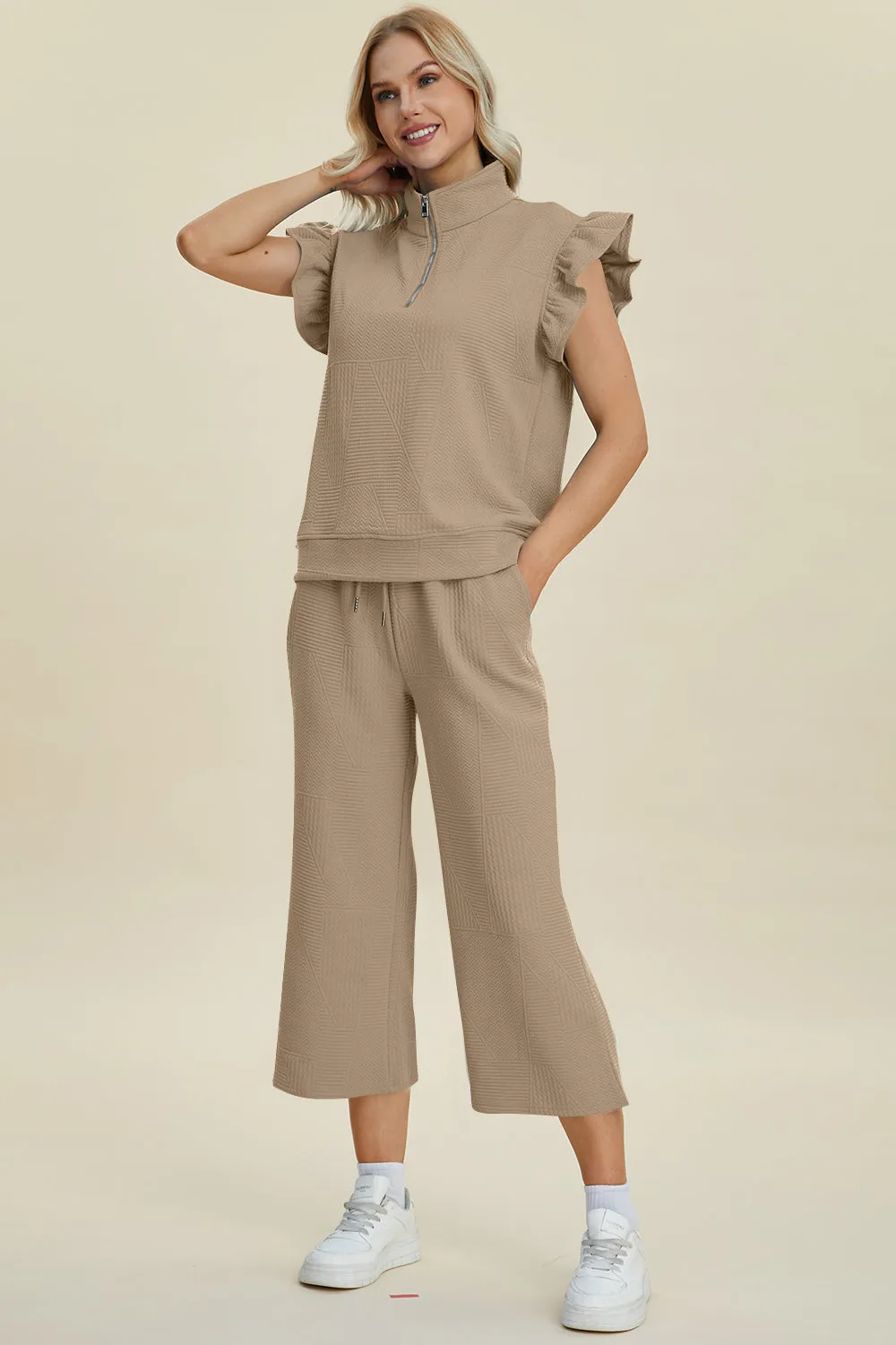 TEEK - Ruffle Short Sleeve Top Wide Leg Pants Set
