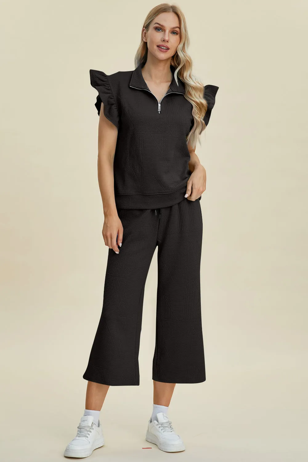 TEEK - Ruffle Short Sleeve Top Wide Leg Pants Set