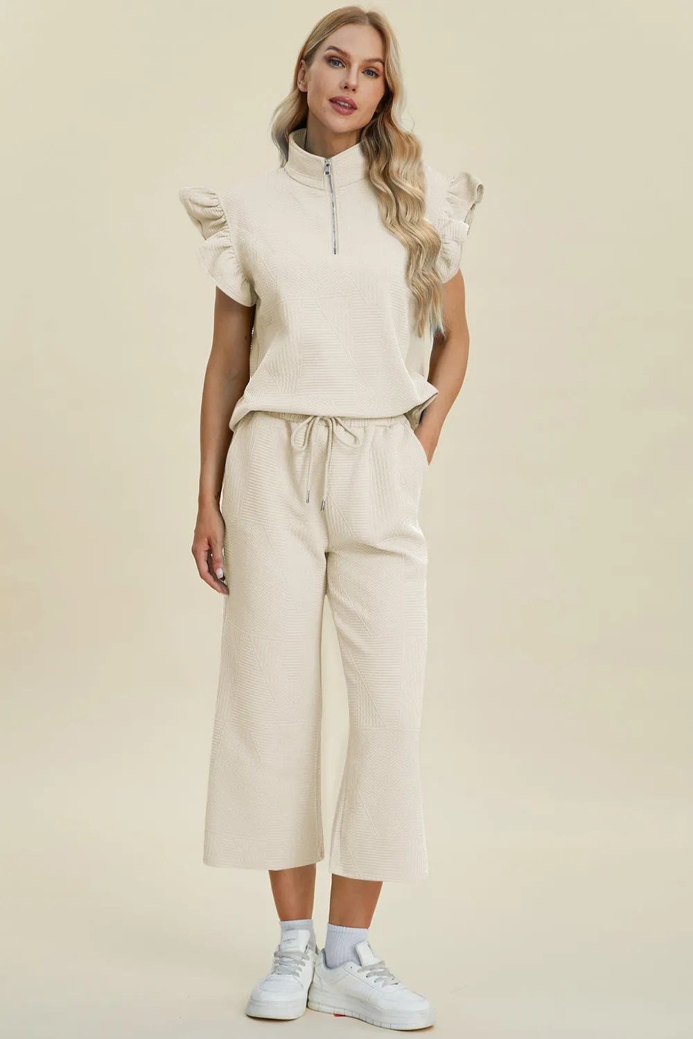 TEEK - Ruffle Short Sleeve Top Wide Leg Pants Set