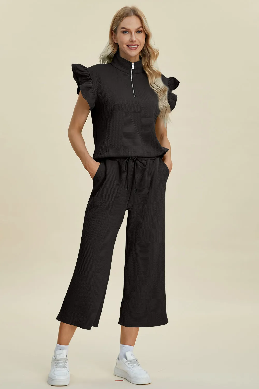 TEEK - Ruffle Short Sleeve Top Wide Leg Pants Set