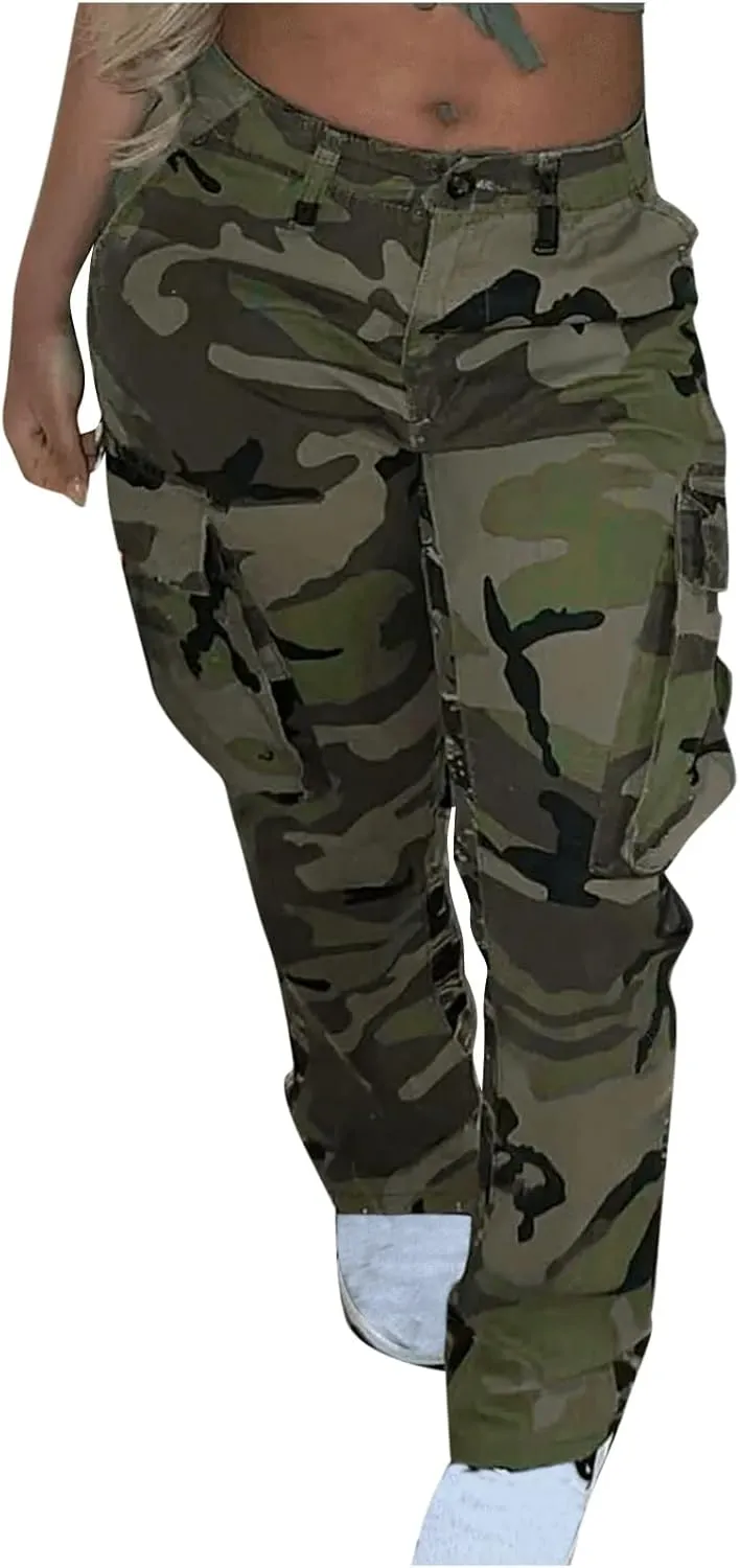 Uillui Camouflage Cargo Pants for Women Military Combat Army Trousers Multi-Pockets Straight Leg Tactical Hiking Cargo Pants