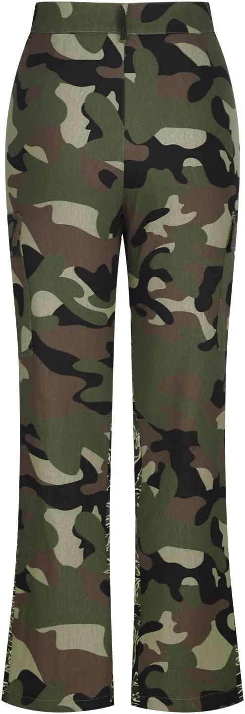 Uillui Camouflage Cargo Pants for Women Military Combat Army Trousers Multi-Pockets Straight Leg Tactical Hiking Cargo Pants