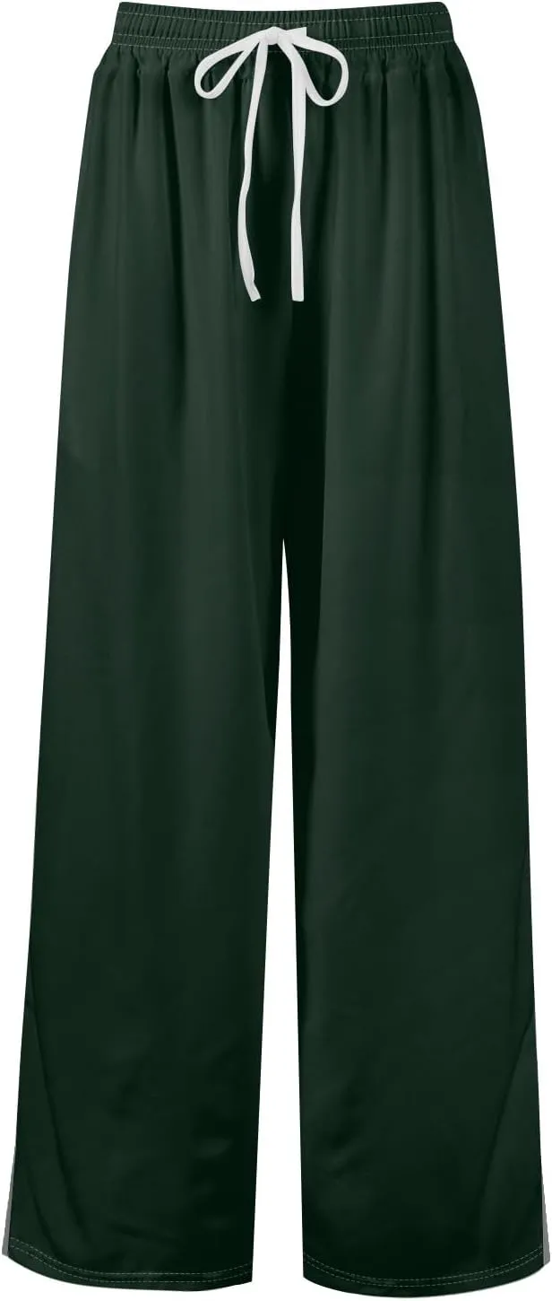 Wide Leg Pants for Women Casual Summer High Waistd Flowy Beach Pants Drawstring Elastic Waist Solid Pockets Trousers