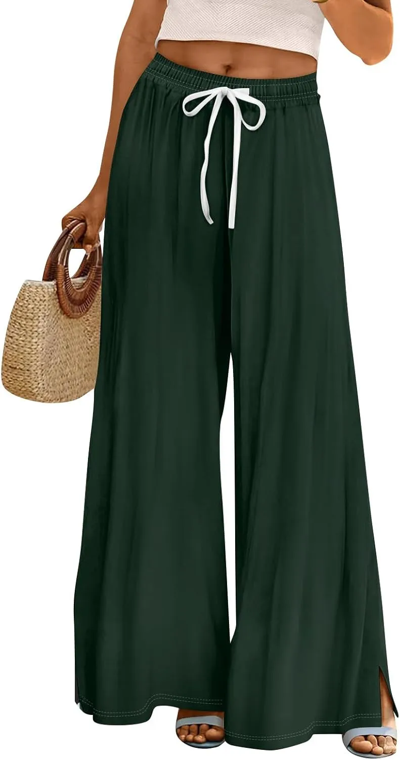 Wide Leg Pants for Women Casual Summer High Waistd Flowy Beach Pants Drawstring Elastic Waist Solid Pockets Trousers