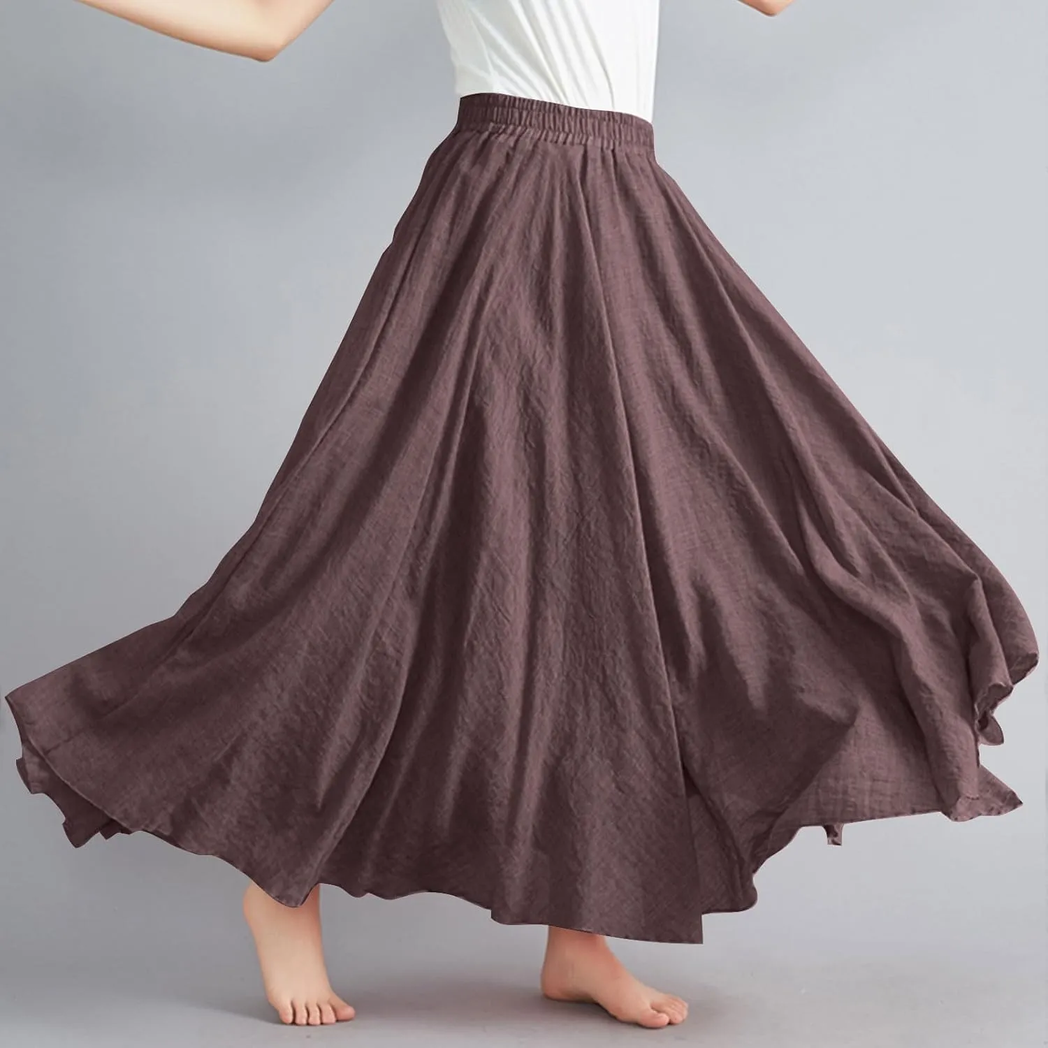 Women Bohemian Beach A-Line Dress Elastic High Waist Maxi Linen Skirt Summer Casual Boho Swing Flowy Long Skirts